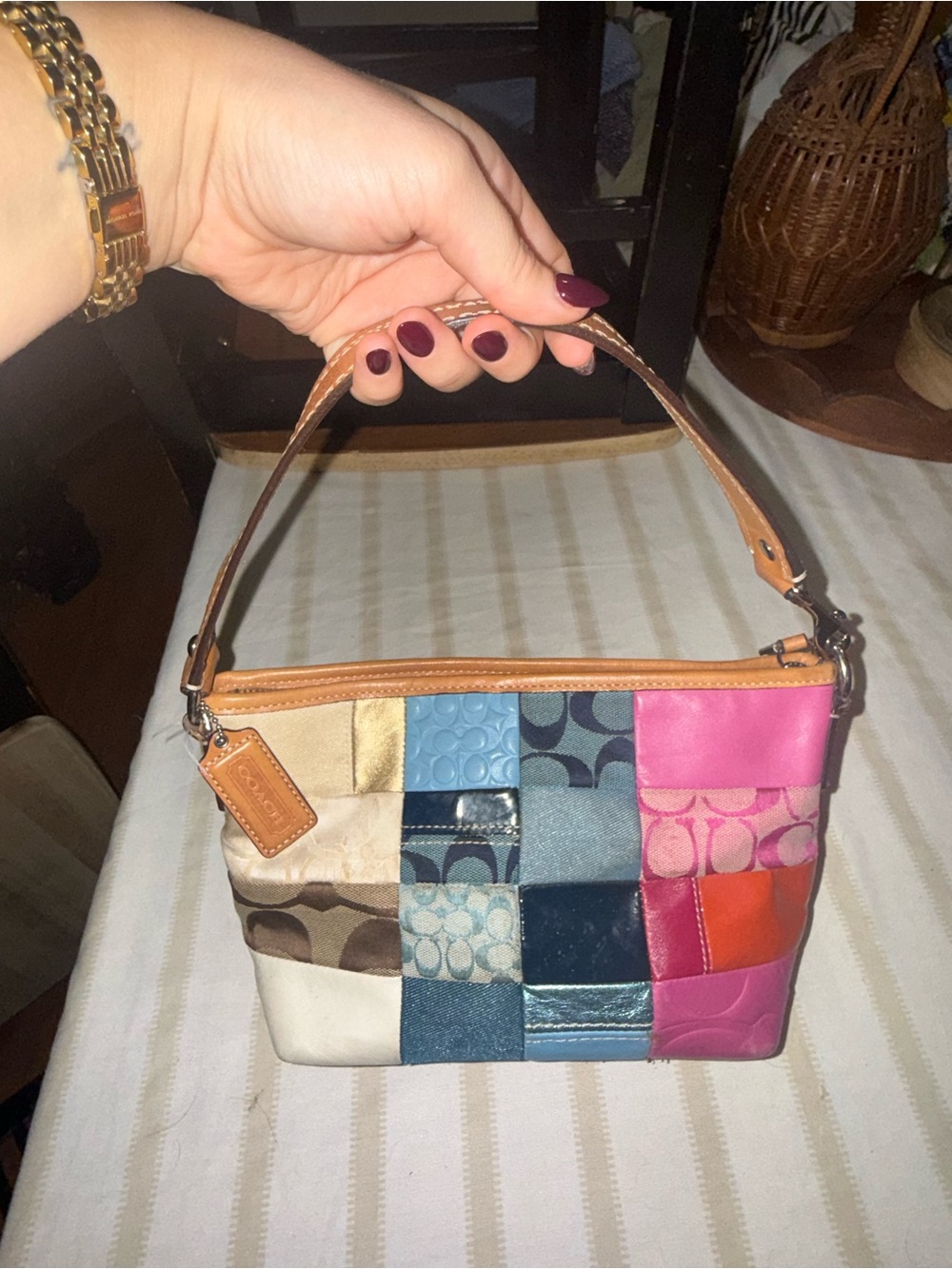 2009 Coach Multicolor Patchwork Shoulder Bag with Tan Leather Trim